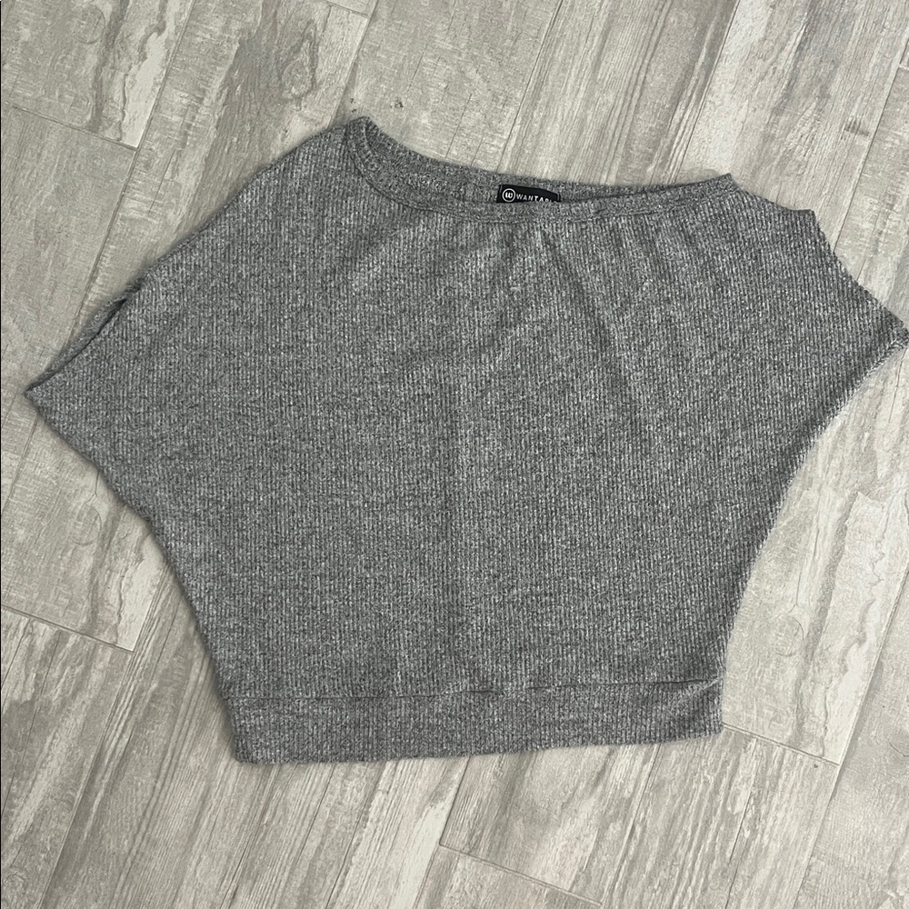 Gray Ribbed Boatneck Knit Top